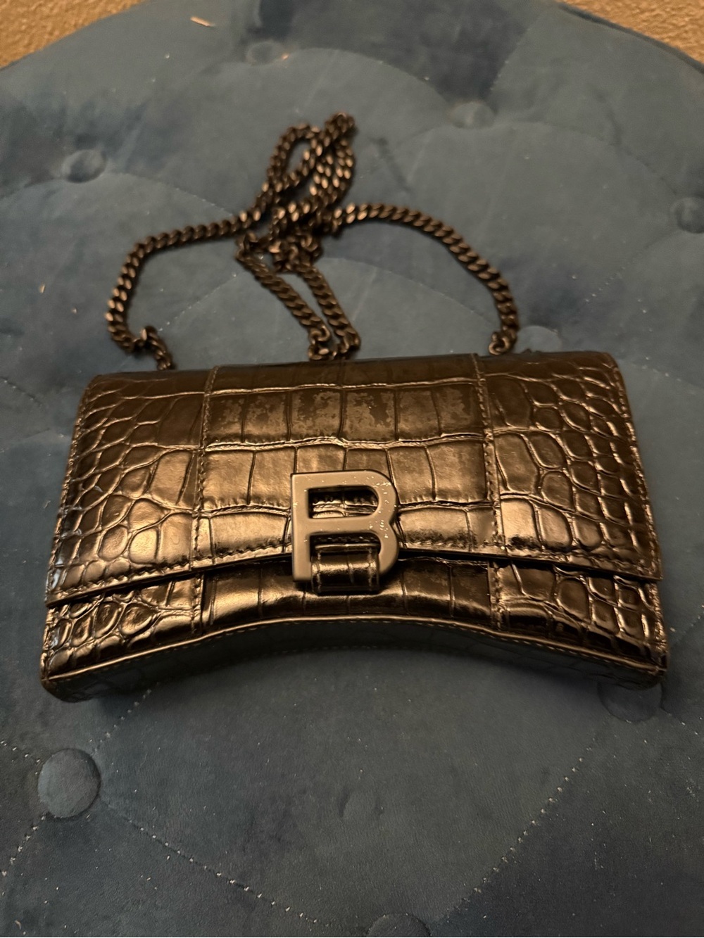 Black Croc-Embossed Chain Shoulder Bag